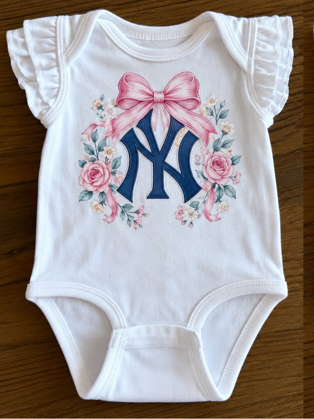 Yankees White Infant Pink Ruffle-Sleeve NY Logo One-Piece Bodysuit